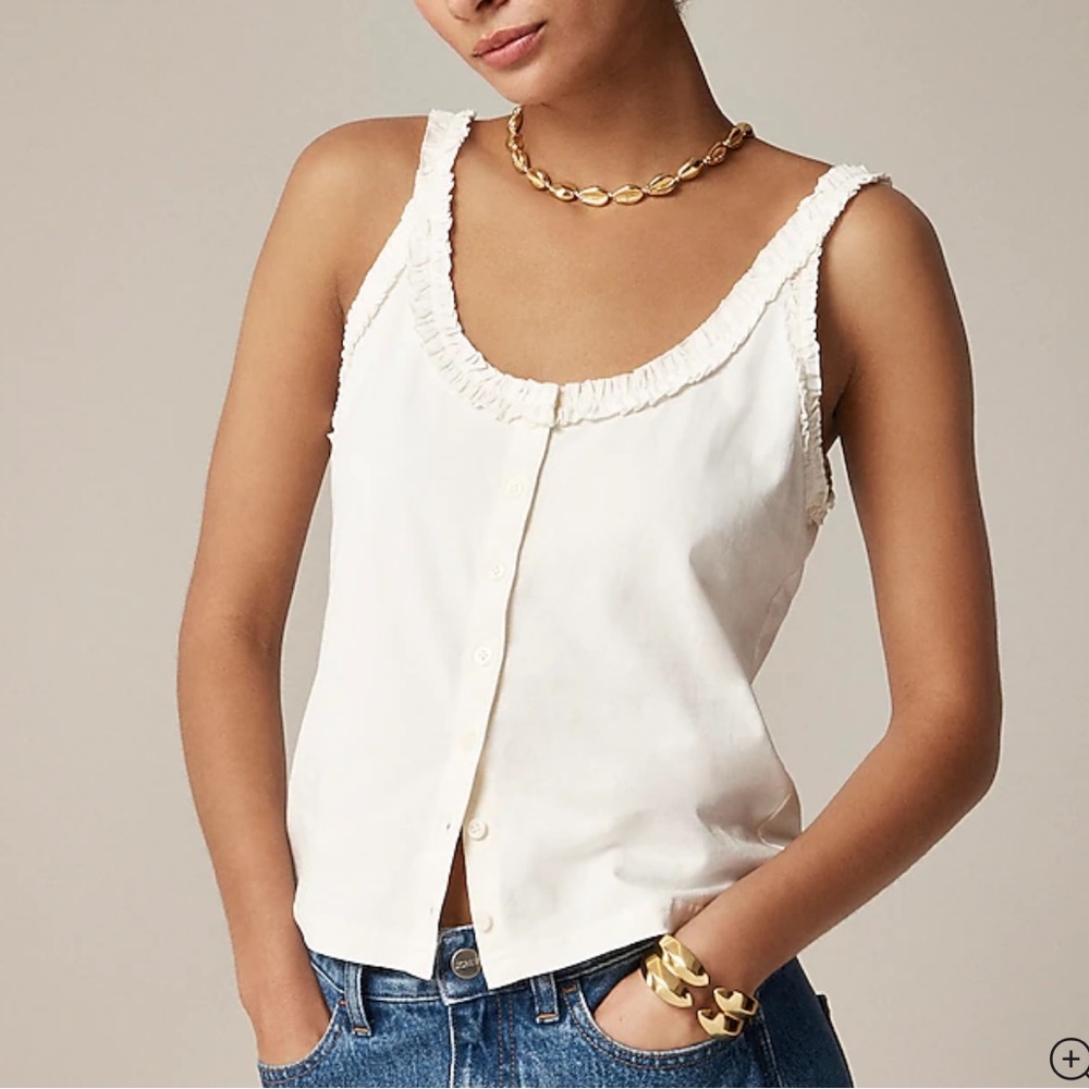 JCREW Broken-in jersey button-front tank top with ruffle trim in Ivory